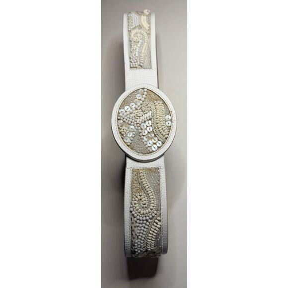Chico’s Mother Of Pearl Beaded Designer White Leather Belt New - Picture 2 of 16